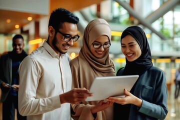Professional colleagues of diverse ethnic backgrounds smiling looking at tablet in modern office environment