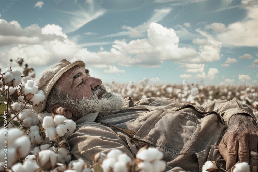 Poster A person lying down in a field of cotton, with the golden fibers surrounding him