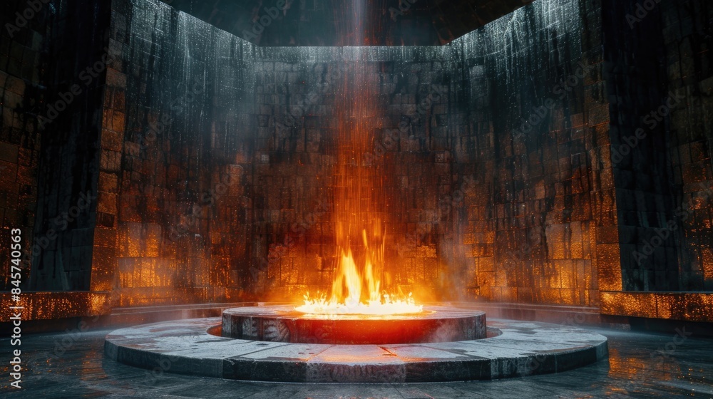 Poster Cozy ambiance with a burning fire pit in a darkened space, great for intimate gatherings or atmospheric settings