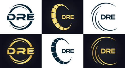DRE logo. D R E design. White DRE letter. DRE, D R E letter logo design. D R E letter logo design in FIVE, FOUR, THREE, style. letter logo set in one artboard. D R E letter logo vector design.