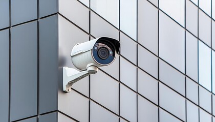 close-up of a security camera on the wall of a modern business bulding on the street, copy space