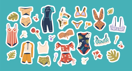 Collection Of Colorful Women Swimsuits, Bikinis And Summer Attire Stickers. Cartoon Vector Patches For Beach Designs