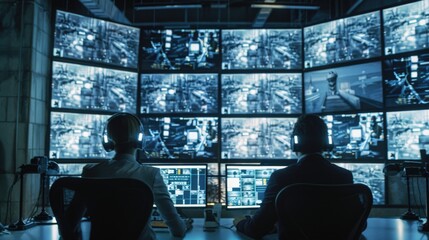 Two individuals seated at a desk with multiple computer monitors, possibly engaged in collaborative work or data analysis