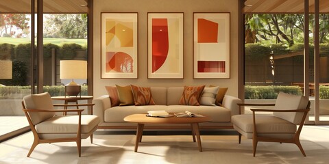 Mid century modern living room with sleek furniture, abstract art frames on wall, and outdoor garden