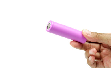 Woman hands holding single pink lithium-ion 18650 batteries , Li-ion 18650 batterie  3.7v Rechargeable use for electronics isolated on a white background.