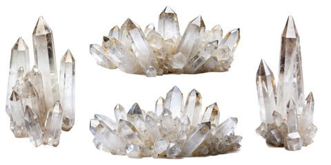 Clear quartz crystals on transparent background