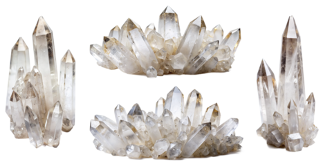 Clear quartz crystals on transparent background