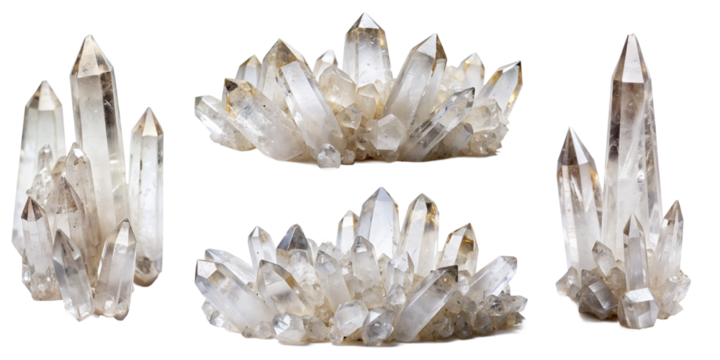 Clear quartz crystals on transparent background