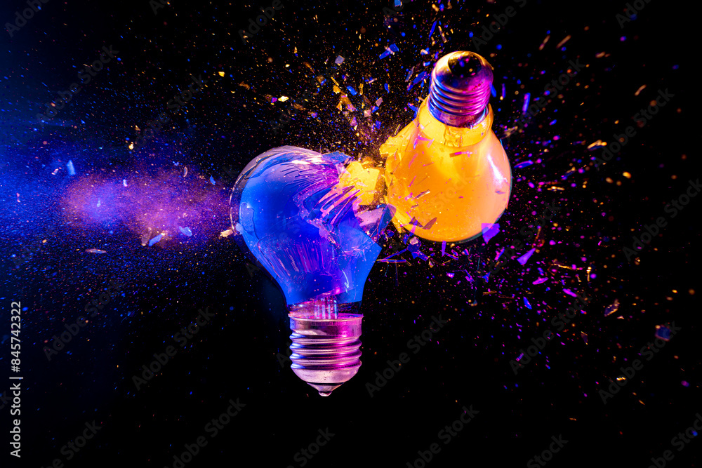 Fototapete Two colorful light bulbs exploding in a cloud of shards