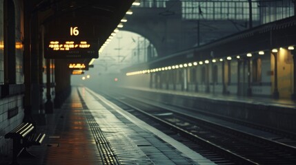 A lone, empty platform at a train station on a foggy day. The track is visible in the foreground, leading to the distant, hazy background.