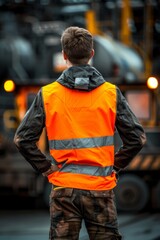 Fototapeta premium Worker in bright safety vest supervising operations at the bustling and active cargo port