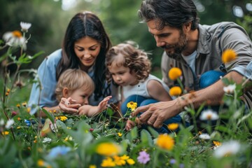 Fototapeta premium A family of four is playing in a field of flowers. The man is holding a butterfly in his hand while the woman and two children look on. Scene is joyful and playful