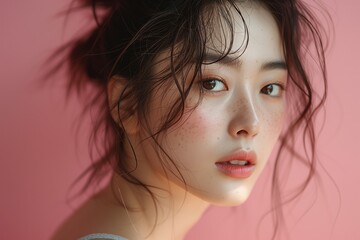 A woman with dark hair and a pink background. She has a messy bun and a smoky eyeKorean beauty model showcasing moisturizing skincare, upper body shot against a yellow paper backdrop in studio,