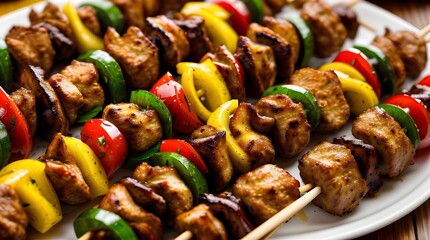 A vibrant and colorful plate of grilled chicken kebabs, featuring juicy chunks of marinated chicken alternated with slices of red, yellow, and green bell peppers, and red onions