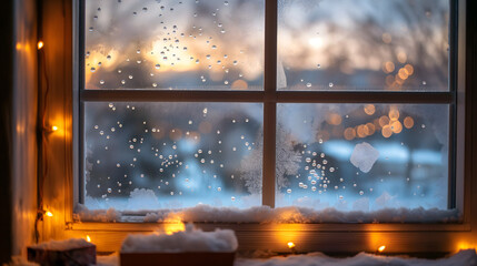 Fototapeta premium A Christmas window view, with lights and snow