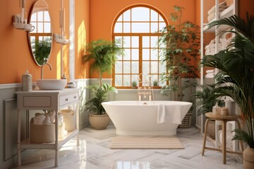 Fototapeta premium Modern stylish bathroom with white bathtub and light peach walls in a minimalist style in a simple hotel room or spa apartment. Interior design concept