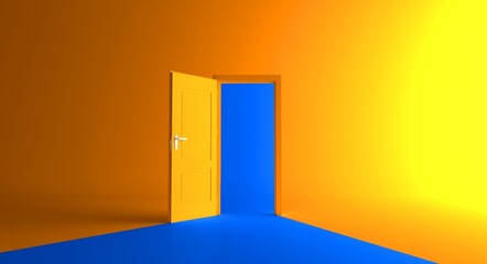 Open the door. Symbol of new career, opportunities, business ventures and initiative. Business concept. 3d render, blue light inside open door isolated on yellow background. Modern minimal concept.