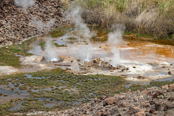 Alolabad geothermal area in Ethiopia with surreal landscape of colorful hot springs, steaming...