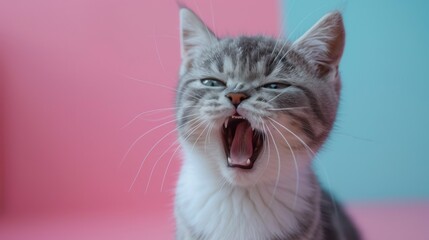 Obraz premium American Wirehair, angry cat baring its teeth, studio lighting pastel background