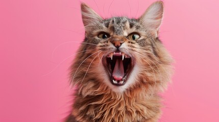 Cymric, angry cat baring its teeth, studio lighting pastel background