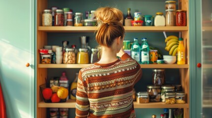 A woman with her back to the camera reaches for an item on a high shelf in a well-stocked pantry. The pantry is filled with various jars, bottles, and cans of food.