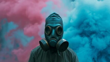 Person wearing a gas mask standing in front of a pink and blue smoke background, mysterious and apocalyptic atmosphere concept. Generative AI