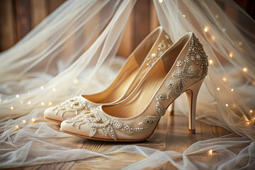Luxurious beige wedding shoes decorated with jewels with veil on the parquet floor. Selective focus