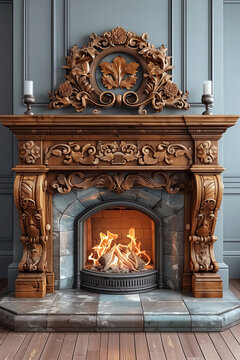 Traditional fireplace richly decorated with wood carwing. Front view.