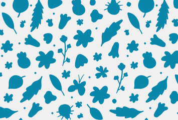 Blue children’s floral background. Hand-drawn nature elements, insects, leaves, and flowers on a light background. Botanical seamless pattern.