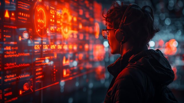 A student wearing headphones and glasses observes a holographic display filled with economic data and charts in a dimly lit classroom.