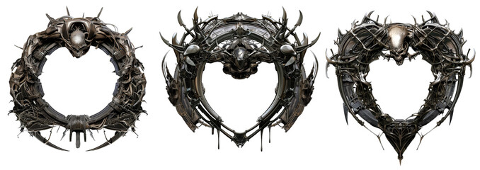 Set of massive horror metal frame with alien parts on transparent background