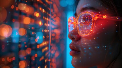 A close-up shot of a person wearing glasses that project holographic images, perhaps during a futuristic philosophy class.