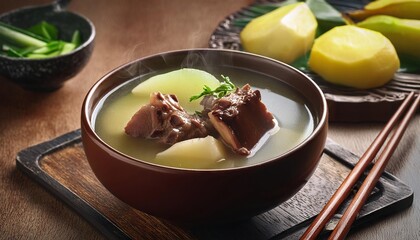 Double-boiled Spare Rib Soup with Chinese Yam and Snow Pear with chopsticks served in a dish 