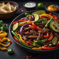A chef tossing fajita vegetables in a skillet