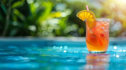 A refreshing cocktail garnished with a lemon slice and served with a straw sits by the pool on a sunny summer day. Perfect for relaxation and enjoyment
