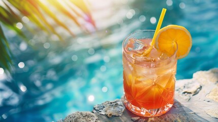A refreshing cocktail garnished with a lemon slice and served with a straw sits by the pool on a sunny summer day. Perfect for relaxation and enjoyment