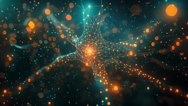 A digital rendering of a neuron mirrored with a blockchain symbol at its center depicting the merging of technology and biology.
