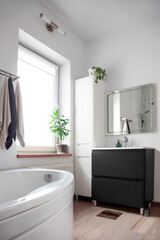Contemporary modern bathroom interior with window light and black white furniture and plants