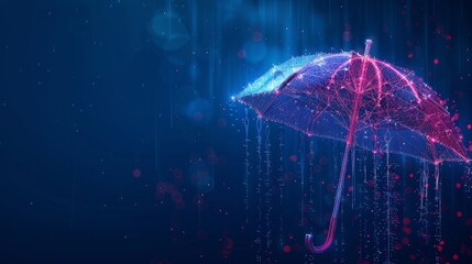 A banner depicts a futuristic umbrella with rain concept in glowing low poly style against a blue backdrop offering ample copy space