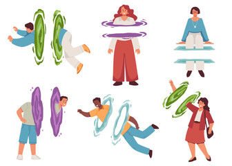 Set of people using portals or teleports flat style