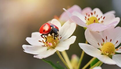 Naklejka premium Nature's Delicate Harmony- Ladybug Perched Gracefully on a Blossoming Flower 