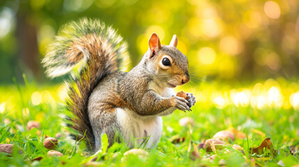 Naklejka premium Squirrel eating a nut on green grass in a sunny park