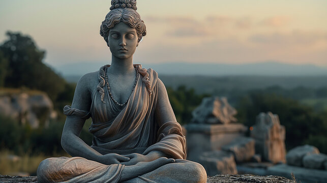 Serene stone statue of meditating figure outdoors