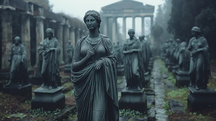 Obraz premium Foggy ancient cemetery with stone statues