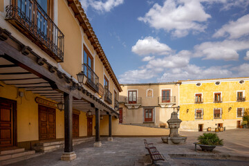Plaza de la Mancha in Chinchilla de Montearagón, Albacete, Castilla-La Mancha, Spain with a beautiful arcaded building with wooden columns