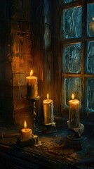 Naklejka premium Candles on a table in front of a window, flickering candles in a haunted house 
