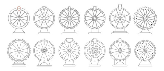 Black And White Outline Vector Illustrations Of Twelve Different Wheel Of Fortune Designs. Linear Monochrome Icons Set