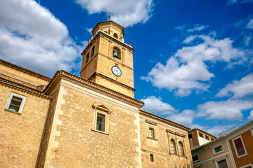 Facade of the church of the Assumption in Hellín, Albacete, Castilla-La Mancha, Spain with the...