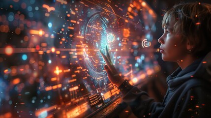 A student interacts with a holographic display, learning about social studies in a futuristic classroom setting.