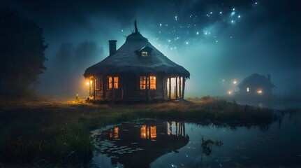 Fototapeta premium A witch and wizard's hut in the middle of an abandoned pond and a scary atmosphere, thick fog on the pond, at night
